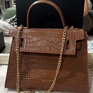 Brown Croc-Embossed Leather Top-Handle Bag-TEDDY BLAKE